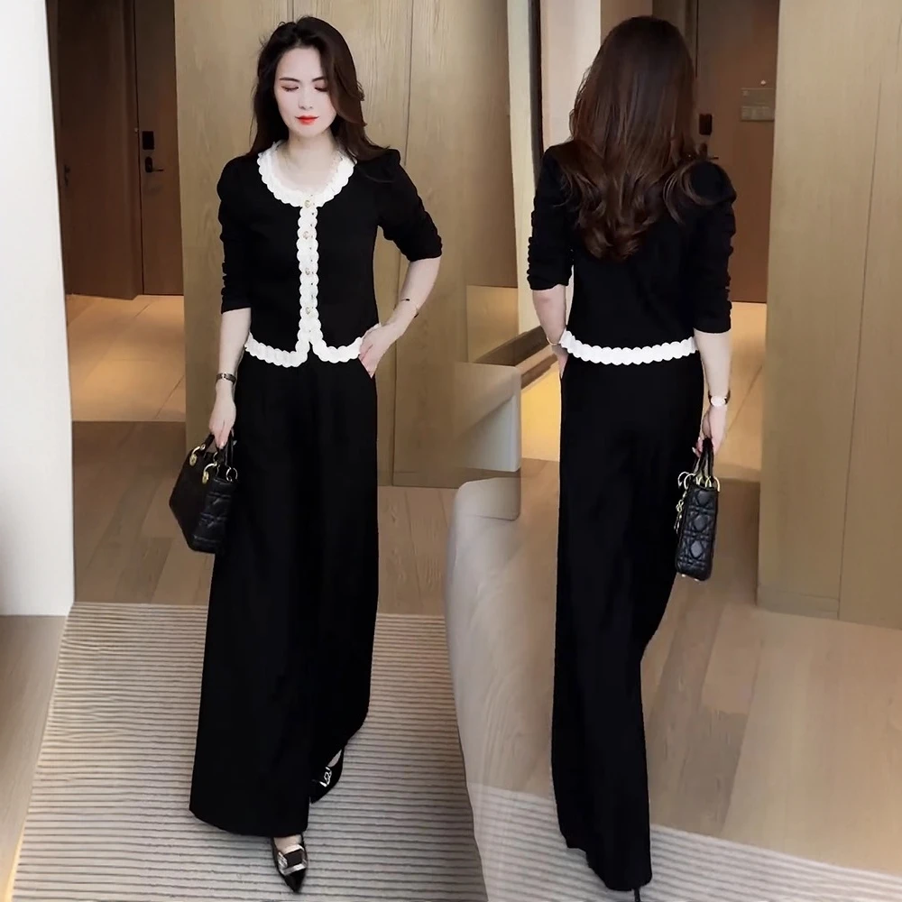 时尚长袖套装女2025春秋新款小香风蕾丝拼接T恤阔腿裤显瘦两件套