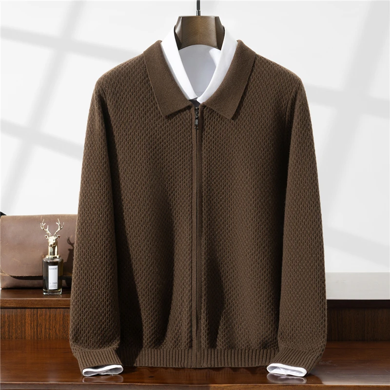 【100%羊毛】秋冬九针加厚男士POLO领商务开衫外套针织蜂窝上衣宽松