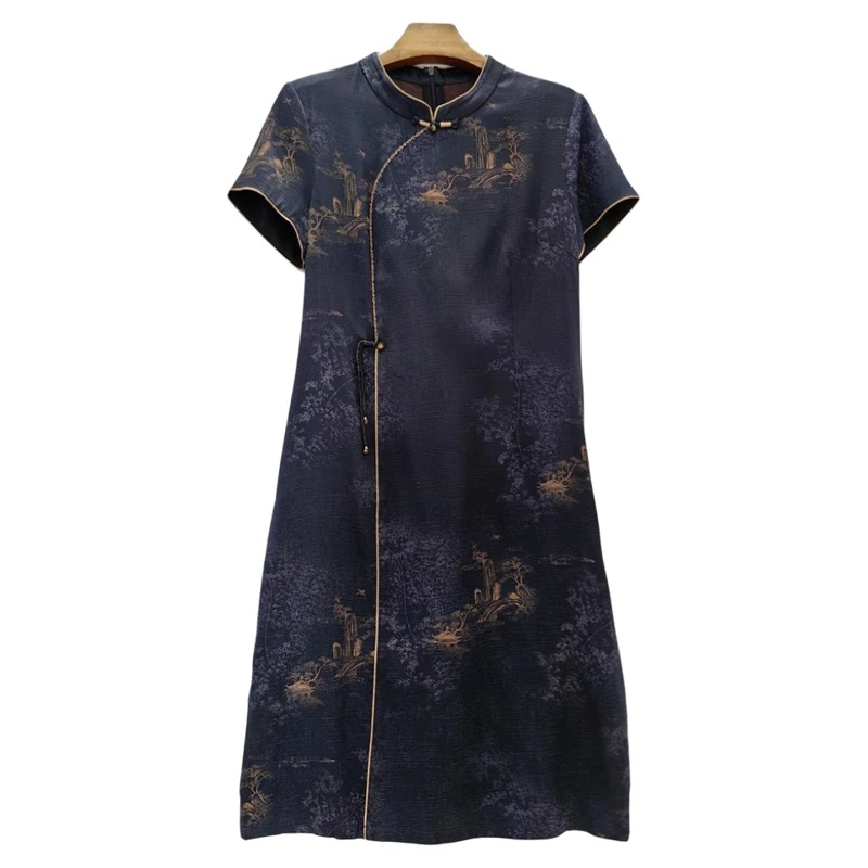 25826仿真丝仿桑蚕丝改良旗袍裙新中式复古显瘦弹力缎洋气妈妈连