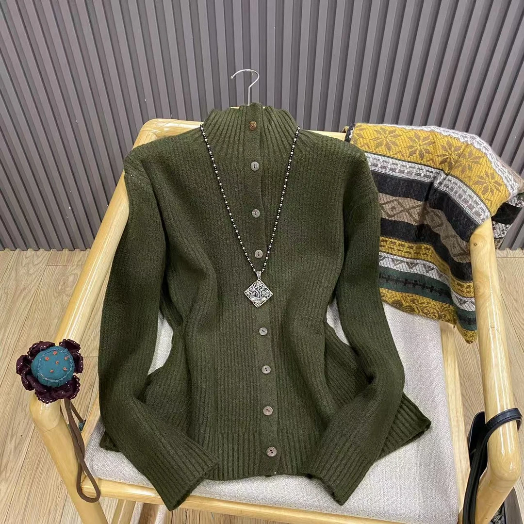 秋冬高领排扣坑条针织开衫羊毛混纺纯色百搭内搭毛衣女Z82506