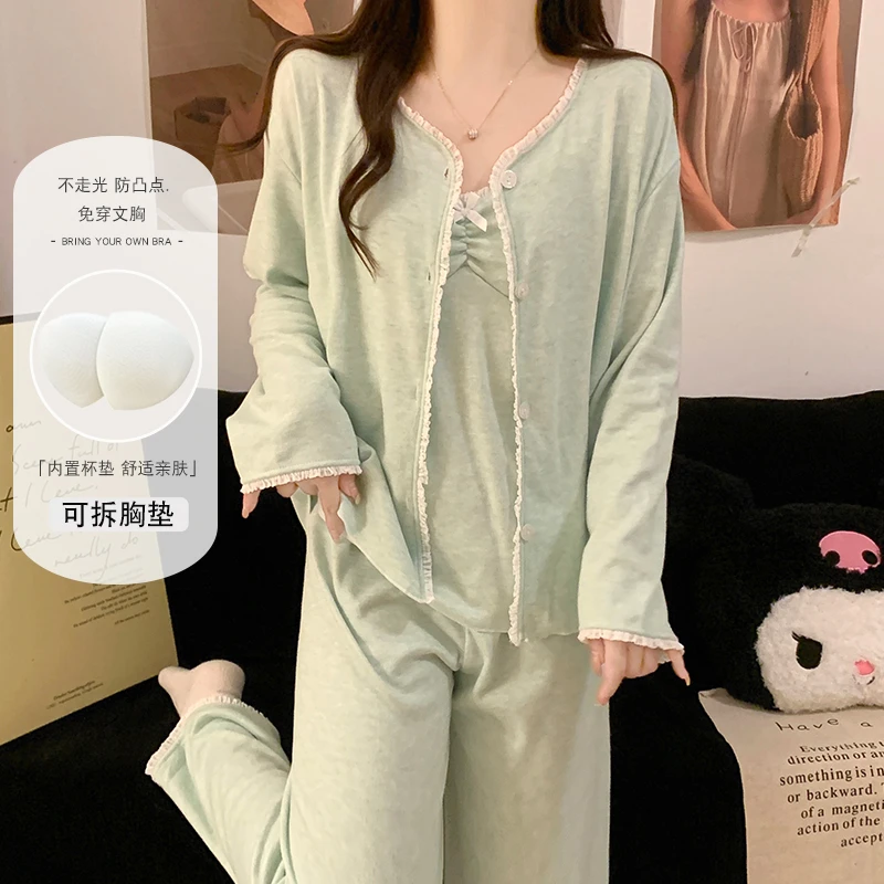 睡衣女款春秋季爆款2025新款冬绵羊绒带胸垫性感纯欲风清新三件套