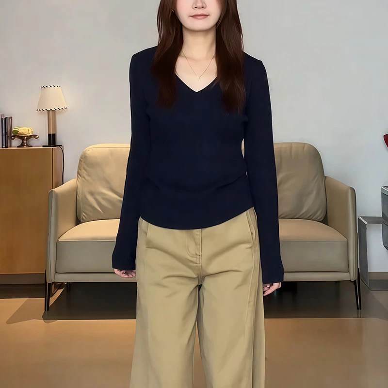 黑色v领长袖打底衫女韩系秋冬穿搭时尚内搭简约修身显瘦t恤上衣女