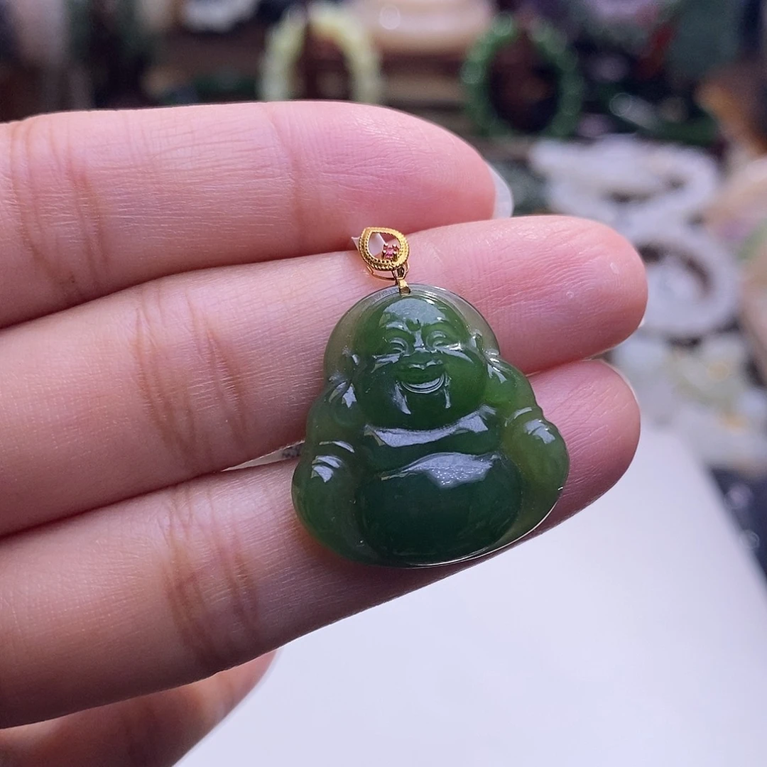 颈饰未镶嵌和田玉清货价老坑料碧玉金镶佛公吊坠
