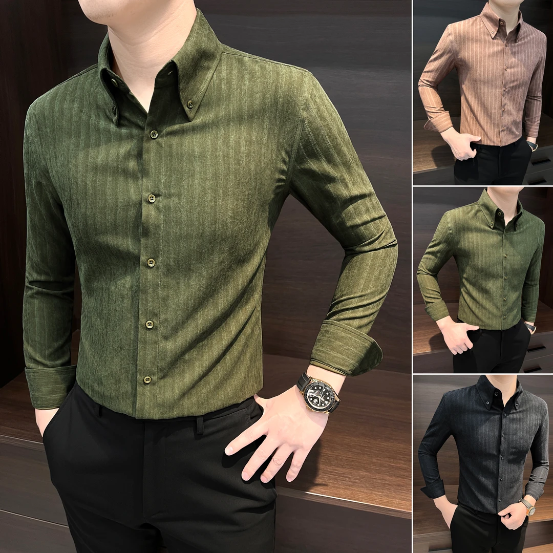 条纹衬衫男款长袖2025新款爆款痞帅高级感秋季款商务扣领男士衬衣