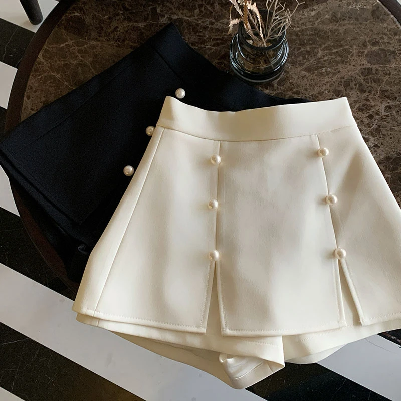 【黑白画映】简约百搭基础款高腰裙裤经典双排扣短裤27017