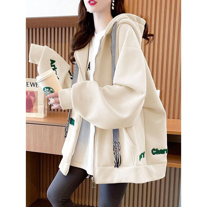 刺绣开衫外套卫衣女慵懒风韩版宽松薄款百搭春秋拉炼大码胖mm上衣