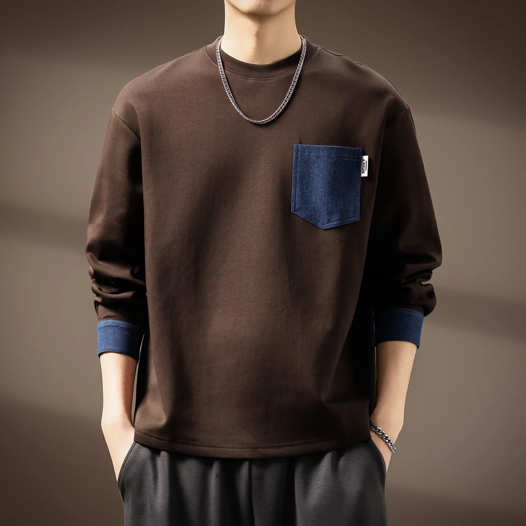 皮尔卡丹男士长袖牛仔空气层卫衣男秋季300g重磅加绒加厚宽松上衣