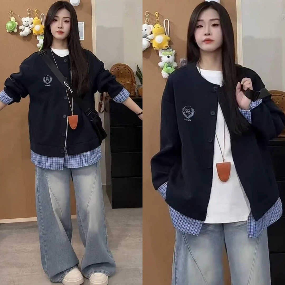 学生初中生高中秋季新款格子拼接假两件卫衣开衫12-17岁慵懒外套