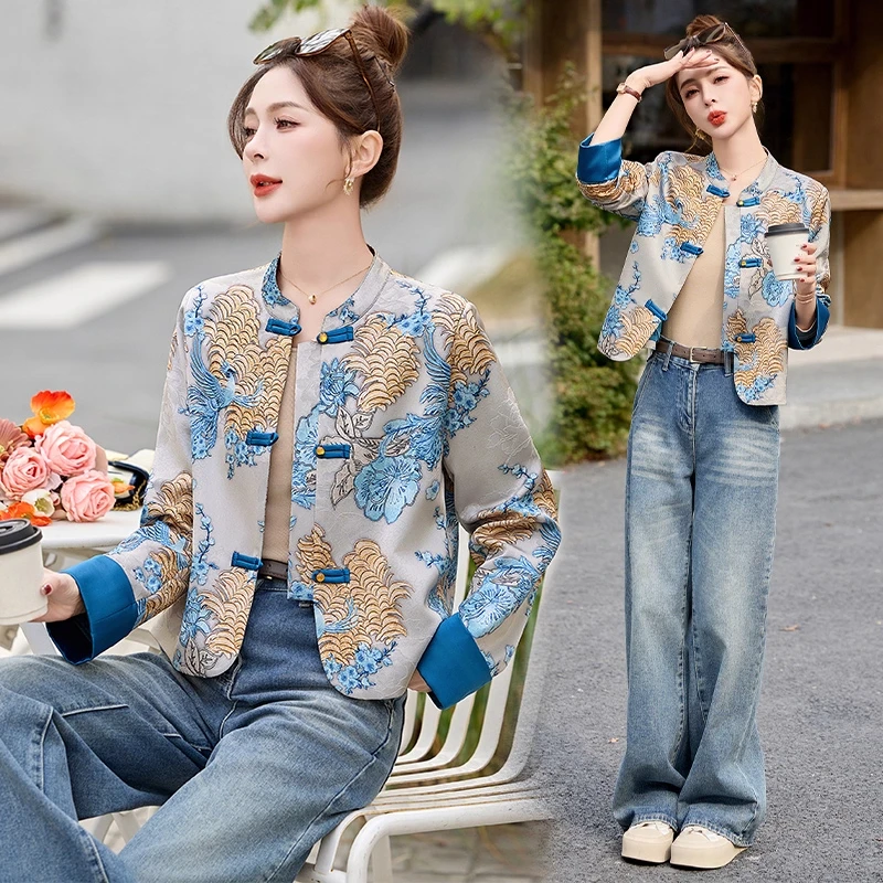 优雅气质国风短外套女2025新款春季小个子复古盘扣新中式印花上衣