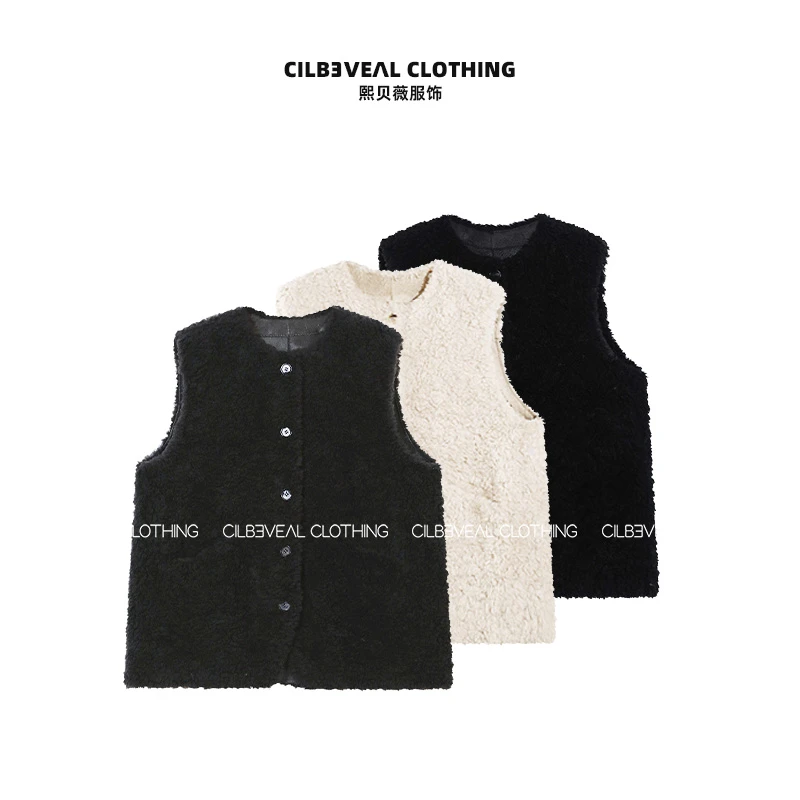 熙贝薇5 100绵羊毛秋季新款保暖羊羔毛女士无袖马甲背心 G5335