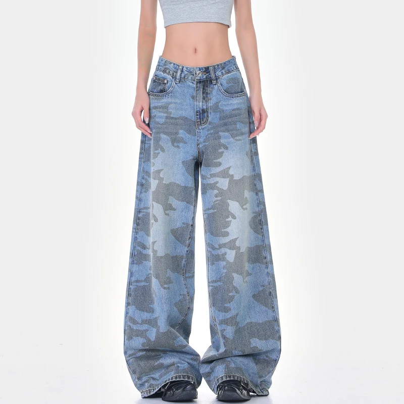 【五折福利】KEN STUDIO夏季美式复古迷彩水洗牛仔裤女休闲拖地裤