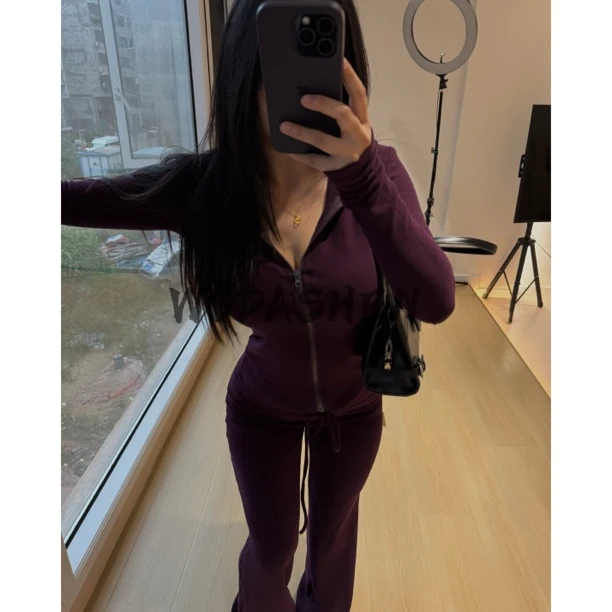 【你伍老板娘】“丝绒拿铁紫色套装”沿帽磨毛加绒秋款喇叭裤➕开衫