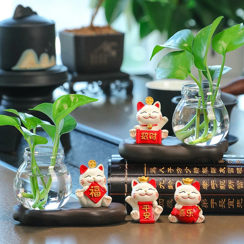 新款招财猫装饰品摆件水培卡通花瓶摆设高级感可爱手工桌面小摆件