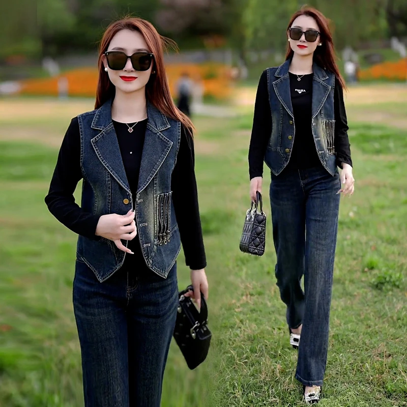 高含棉无袖西装领牛仔马甲女2026年春秋新款时尚气质显瘦马夹上衣