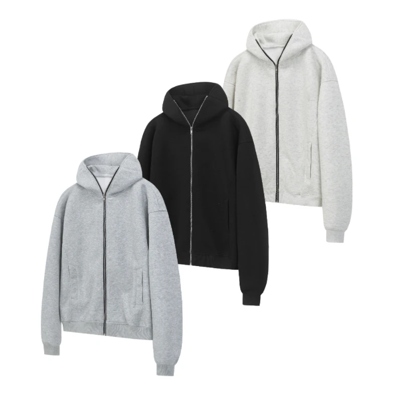 HZM美式高街cleanfit纯色开衫连帽卫衣boxy短款拉链帽衫外套潮