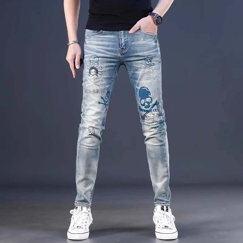 欧美潮牌时尚印花烫钻轻奢高端牛仔裤男修身小脚2025夏季薄款裤子
