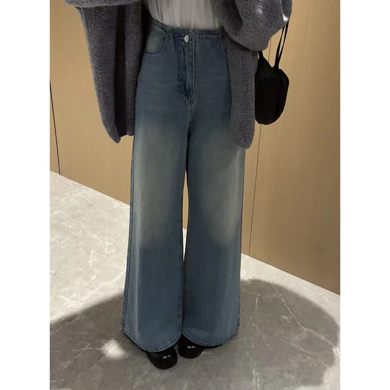 浅色高腰阔腿牛仔裤女2025夏季新款设计感磨白宽松显瘦拖地裤子