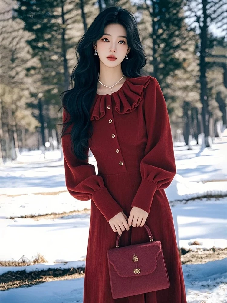【KEKE】酒红色荷叶领灯笼袖连衣裙名媛高级感穿搭漂亮独特新年裙子