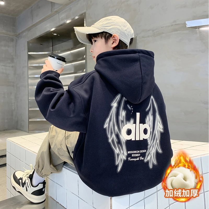 男童连帽卫衣加绒加厚秋冬款男孩宽松上衣一体绒中大童韩版帅气潮
