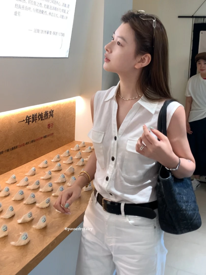 路人仙子自制【冷杉冰茶】老钱风亚麻Polo领无袖衬衫女JX141