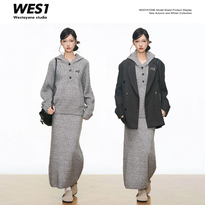 【8.12新品】 WESTAYONE灰色毛呢西装外套女小个子+针织套装