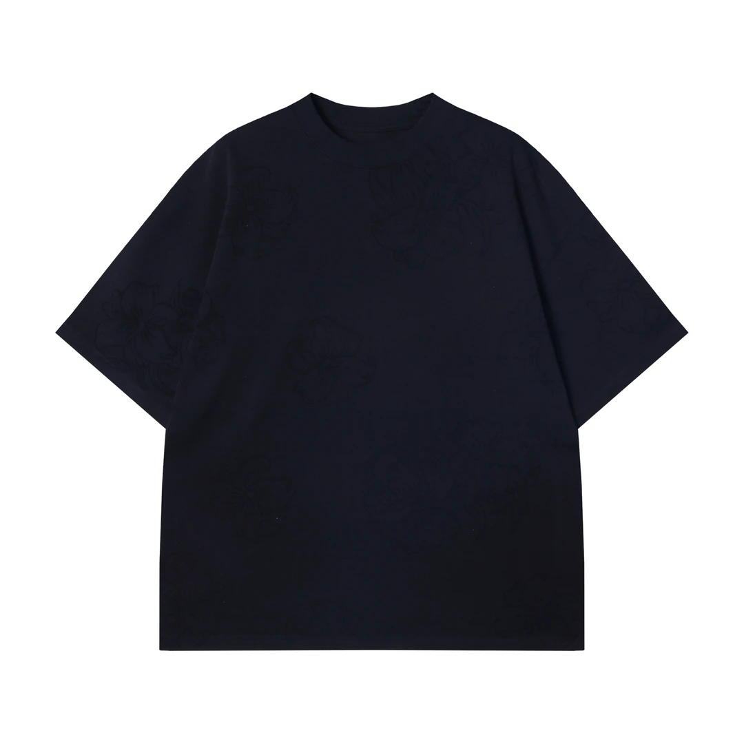 夏季高级感新款纯色花卉印花圆领短袖T恤百搭简约情侣宽松上衣