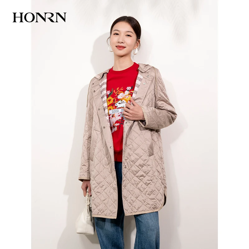 HONRN/红人休闲可拆卸连帽轻薄夹棉外套女春秋中长款HI11MA500