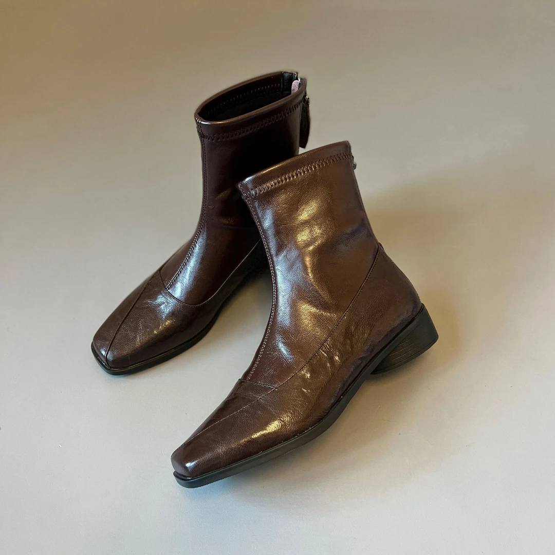 新款复古时尚百搭方头保暖低跟瘦瘦靴女靴