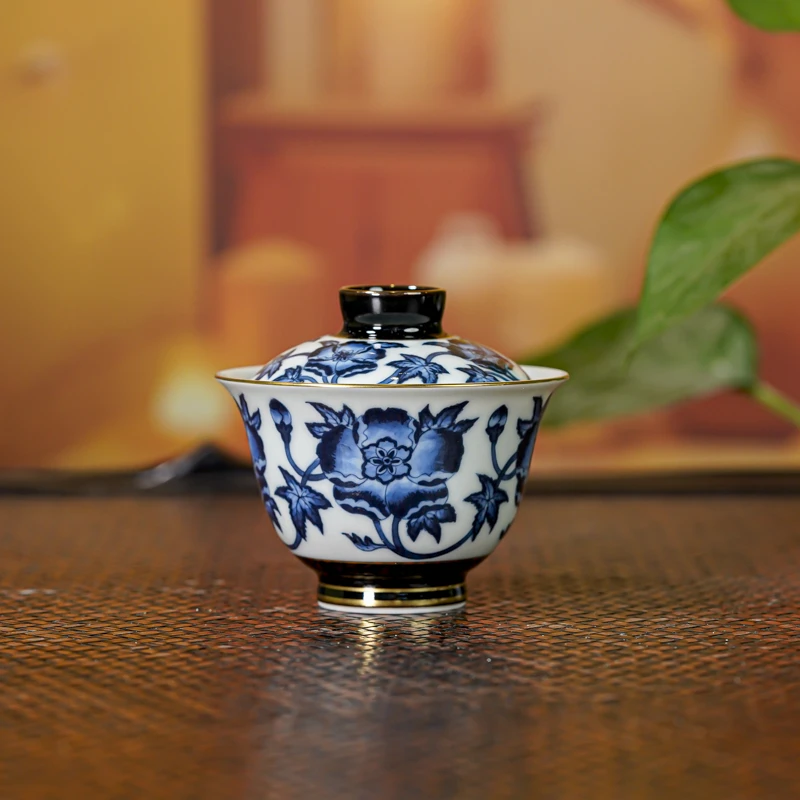 MS-0036[学茶严选]一如山房黑金描金（秋葵花）盖碗 陶瓷