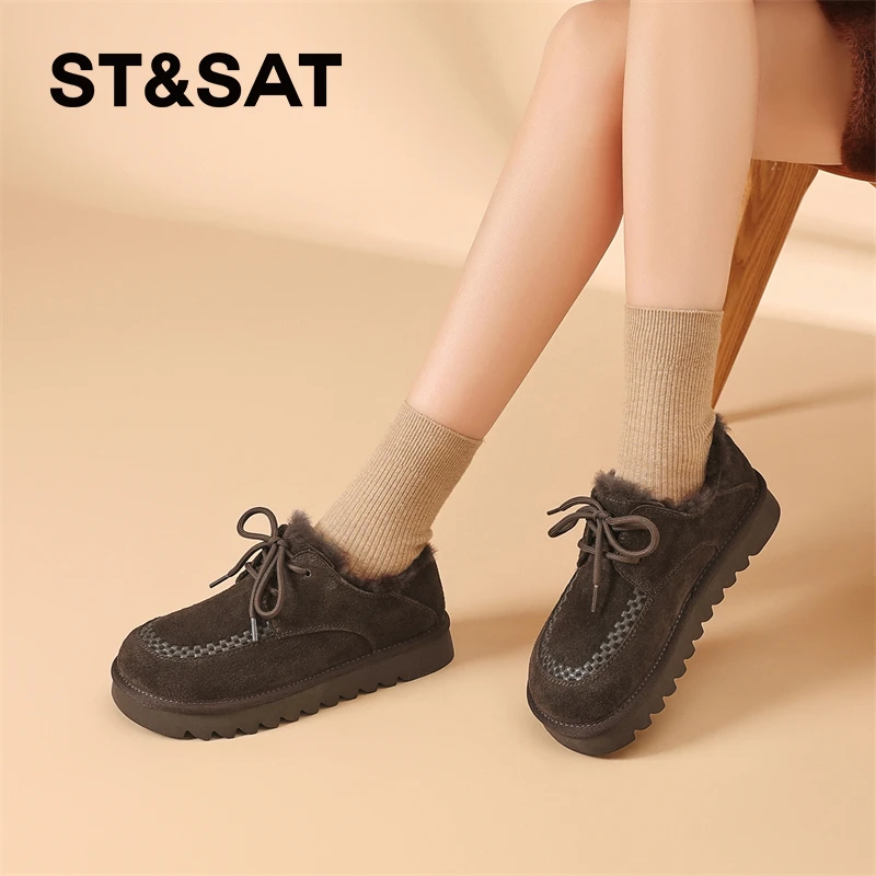 星期六真皮羊毛厚底雪地靴女鞋2025冬季棉鞋加绒勃肯鞋复古乐福鞋