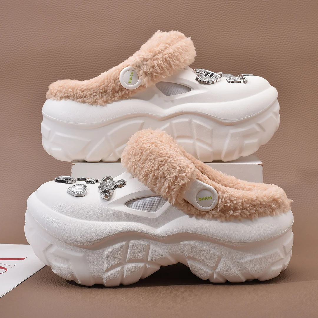 洞洞鞋女士冬季2025新款加绒保暖室内家居厚底棉鞋户外松糕底棉拖