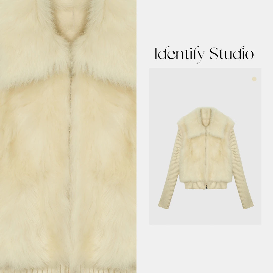 IDENTIFY秋季新款简约时尚针织拼接托卡皮毛一体外套25AWg92781