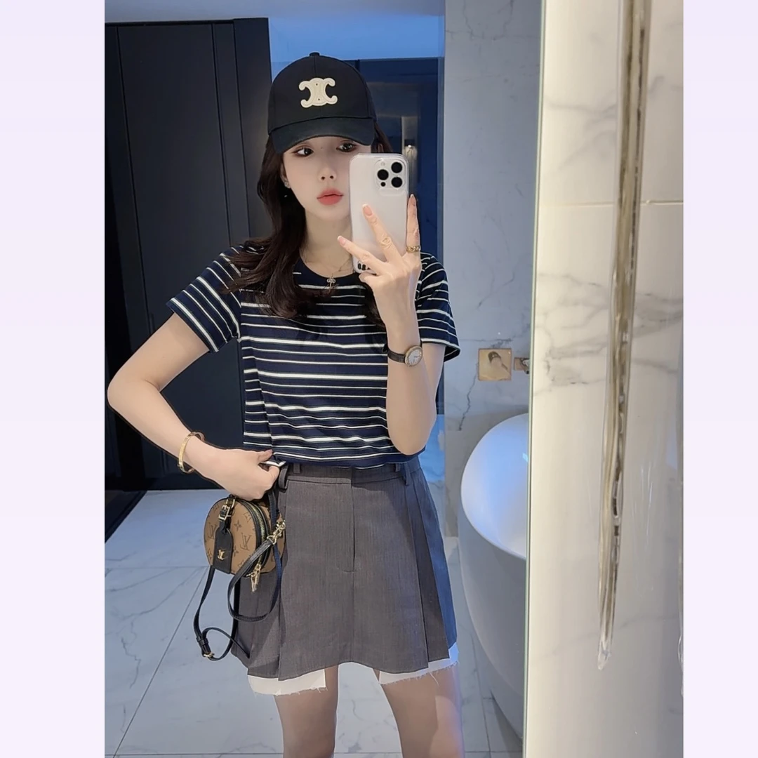 【大静静】“蓝绿条纹”夏季休闲减龄复古短袖t