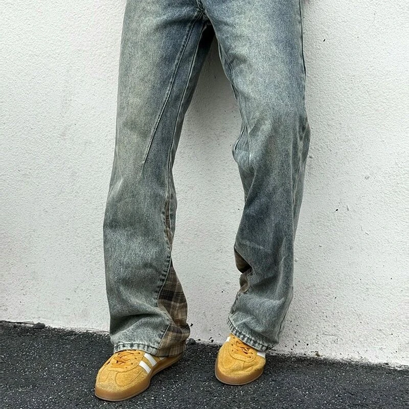 LIGGICC“拼接喷马骝”水洗磨毛美式cleanfit牛仔裤2025春季新款