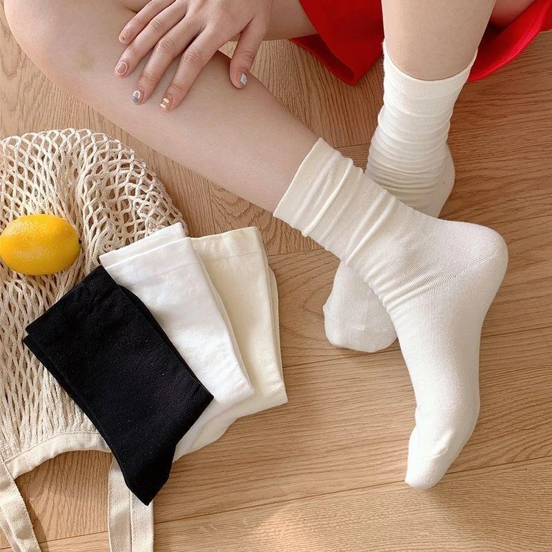 女春秋款无骨袜子中筒袜白色月子长筒堆堆袜乐福鞋经典长袜纯色