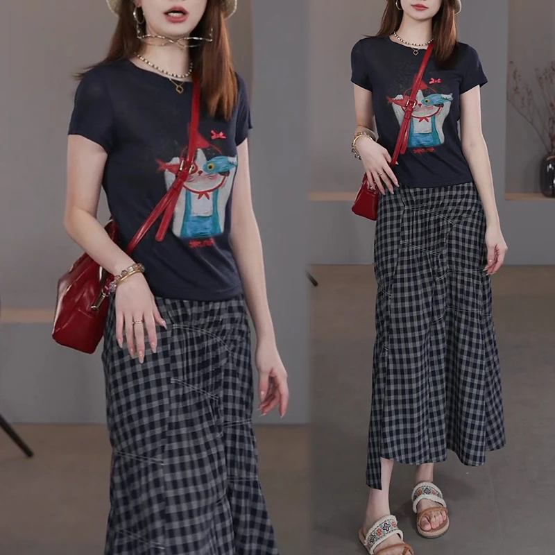 2025夏季新款短袖T恤上衣显瘦高腰拼接格子半身裙潮流两件套女士