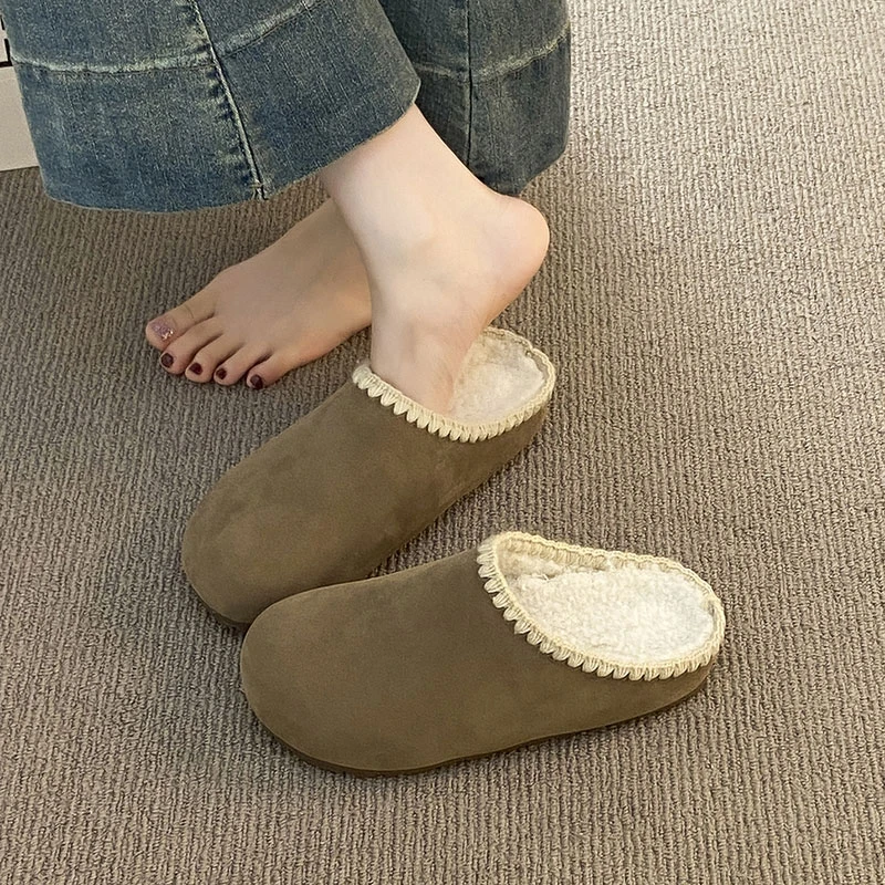 复古刺绣勃肯半拖鞋女2025秋冬新款保暖加绒加厚毛毛拖勃肯棉拖鞋