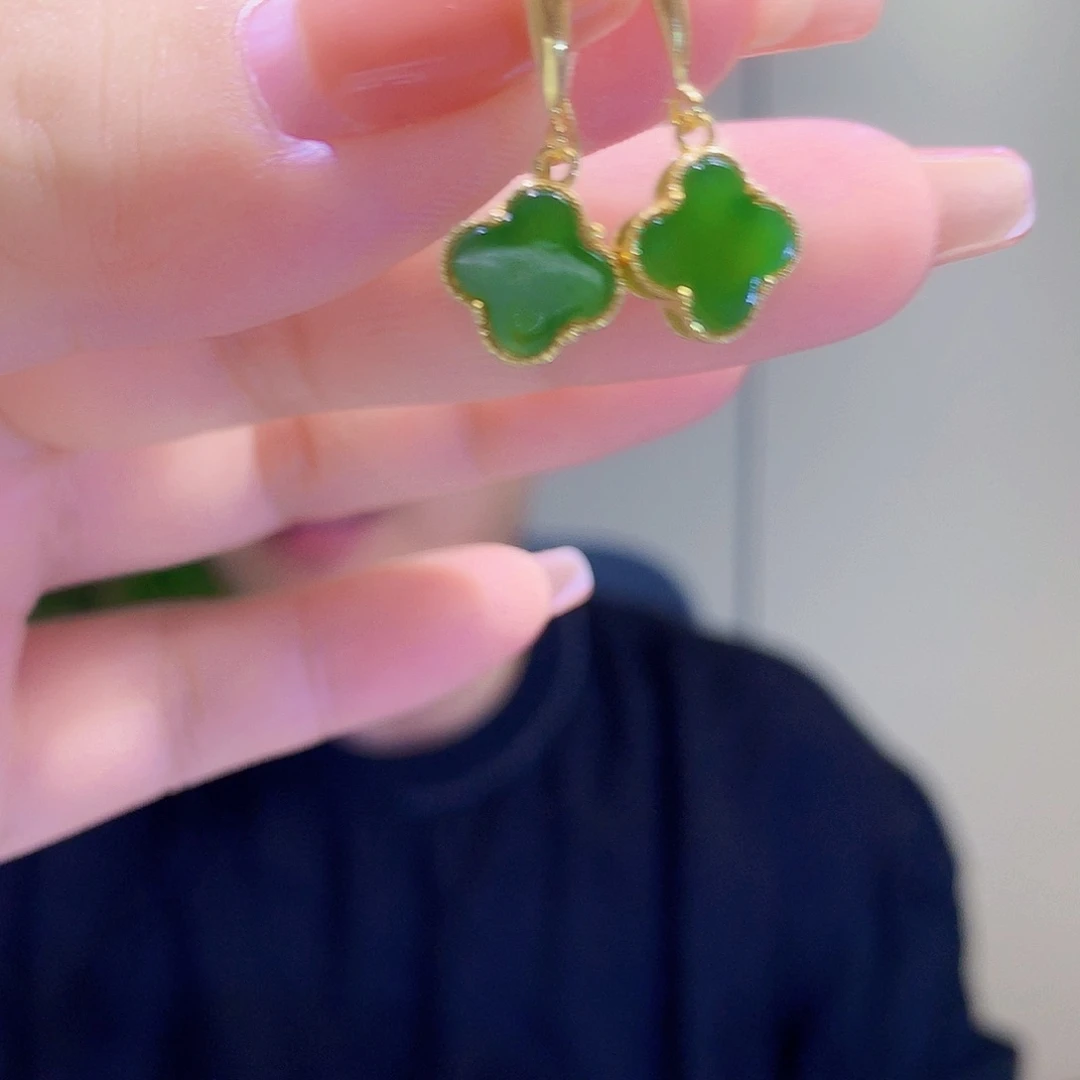 和田玉（碧玉）银S925镀金镶嵌耳饰