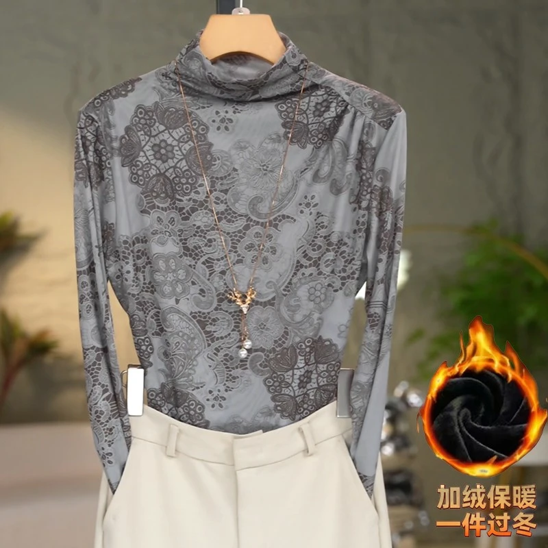 【MKN】2025秋冬洋气高贵半高领打底衫时尚百搭网纱长袖修身显瘦T恤