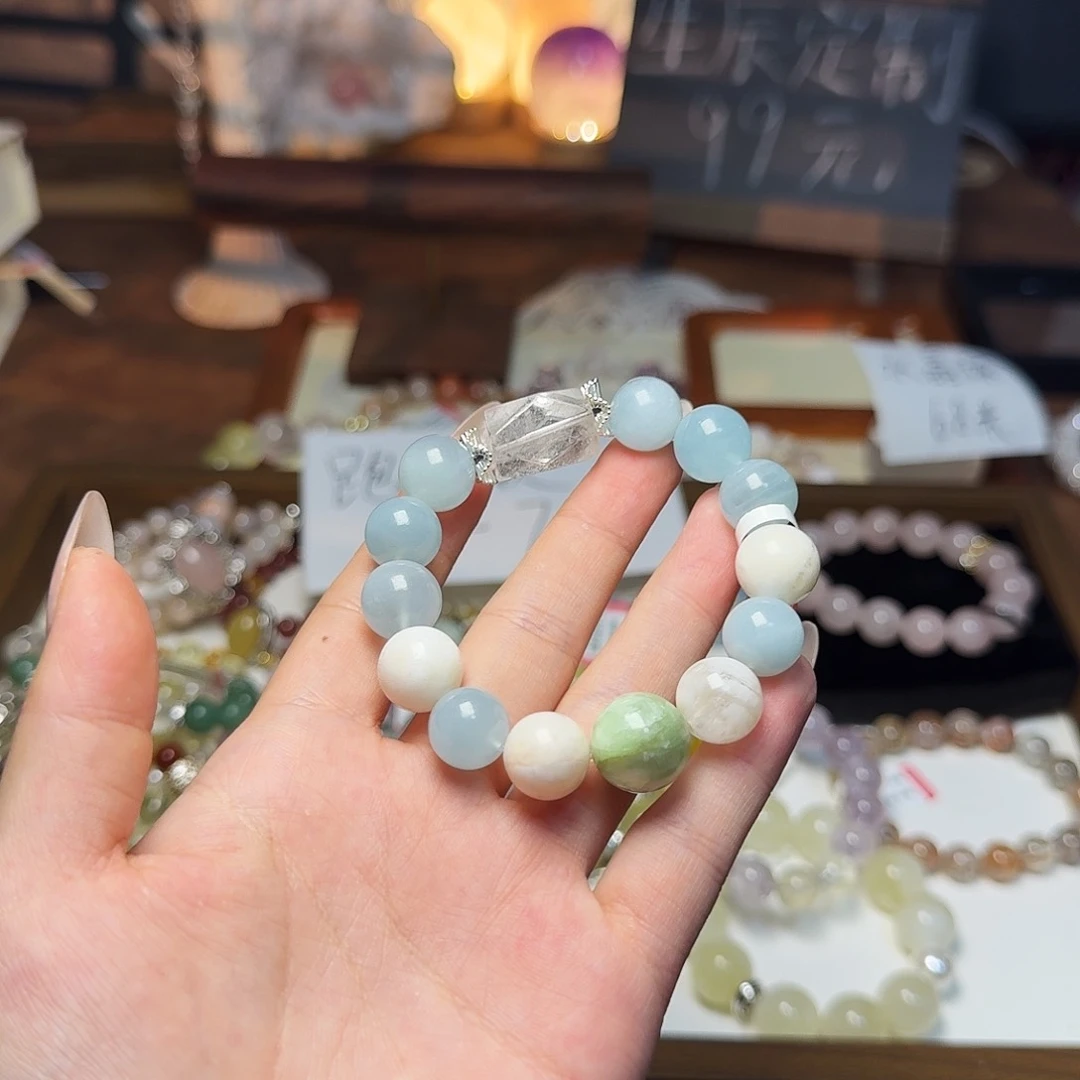 水晶手链合金离*天然水晶海蓝宝
