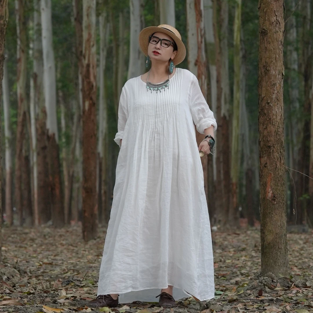 禾记年/原创【夏绮】60支苎麻复古纯色圆领宽松女装连衣裙休闲气质