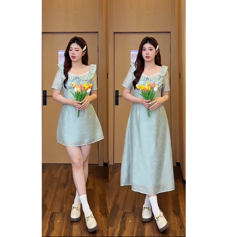 微胖定制【W2267】夏季法式气质温柔蕾丝拼接绣花收腰长裙