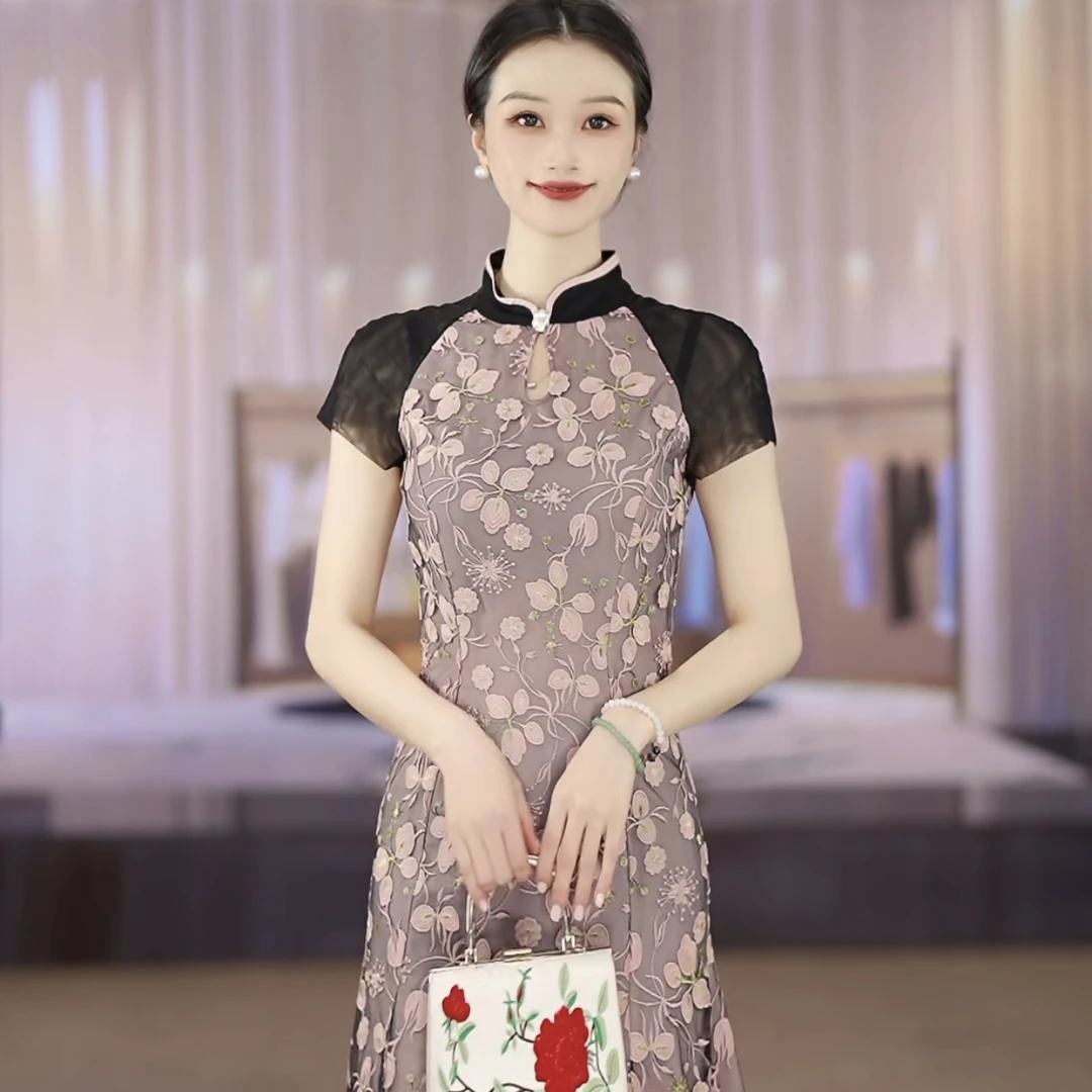 SUSSI/古色25夏商场同款中式立领开水滴插肩短被网纱刺绣鱼尾