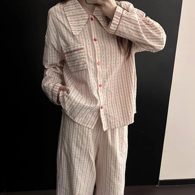 春秋新款韩版设计感条纹慵懒风睡衣套装女气质长袖长裤女款家居服