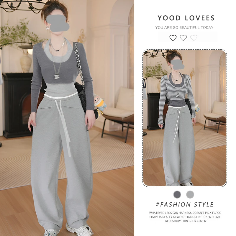 2025春秋纯欲风挂脖背心叠穿长袖针织衫上衣松紧腰抽绳休闲裤套装