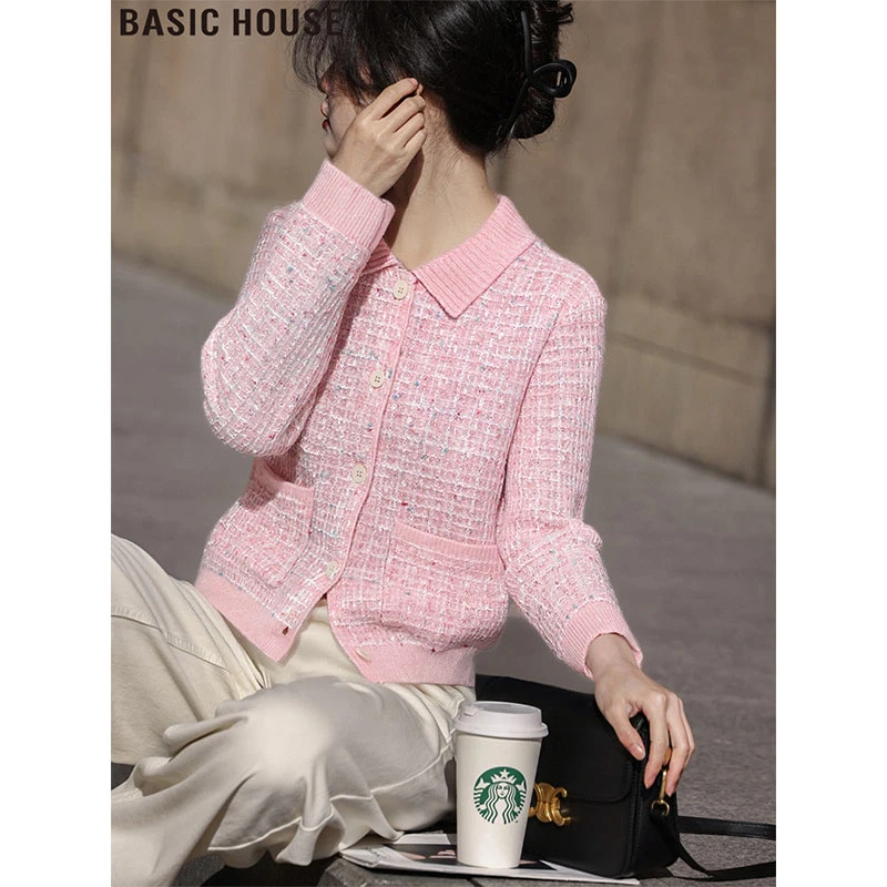 Basic House/百家好粉色羊毛长袖针织开衫翻领毛衣外套女2025秋冬
