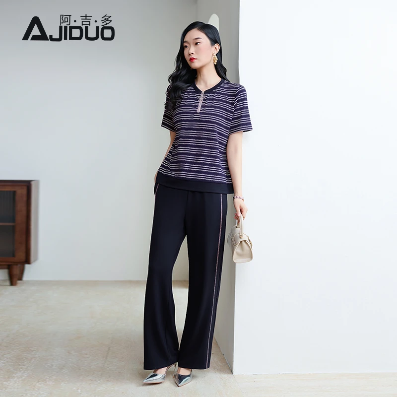 阿吉多休闲时尚套装夏女2025新款运动大码高级上衣+长裤子两件套
