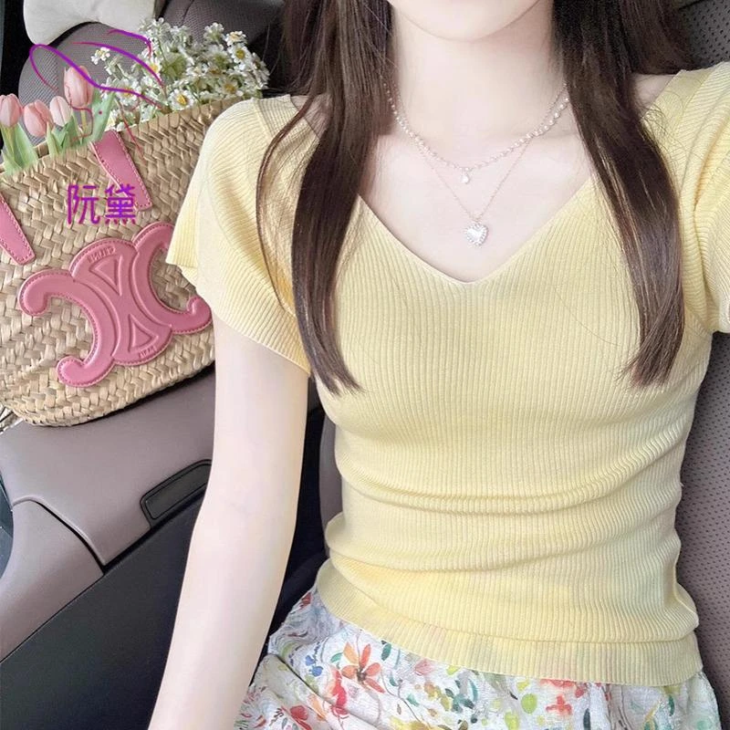 阮黛v领小飞袖冰丝短袖女夏季薄款气质修身显瘦正肩针织T恤上衣