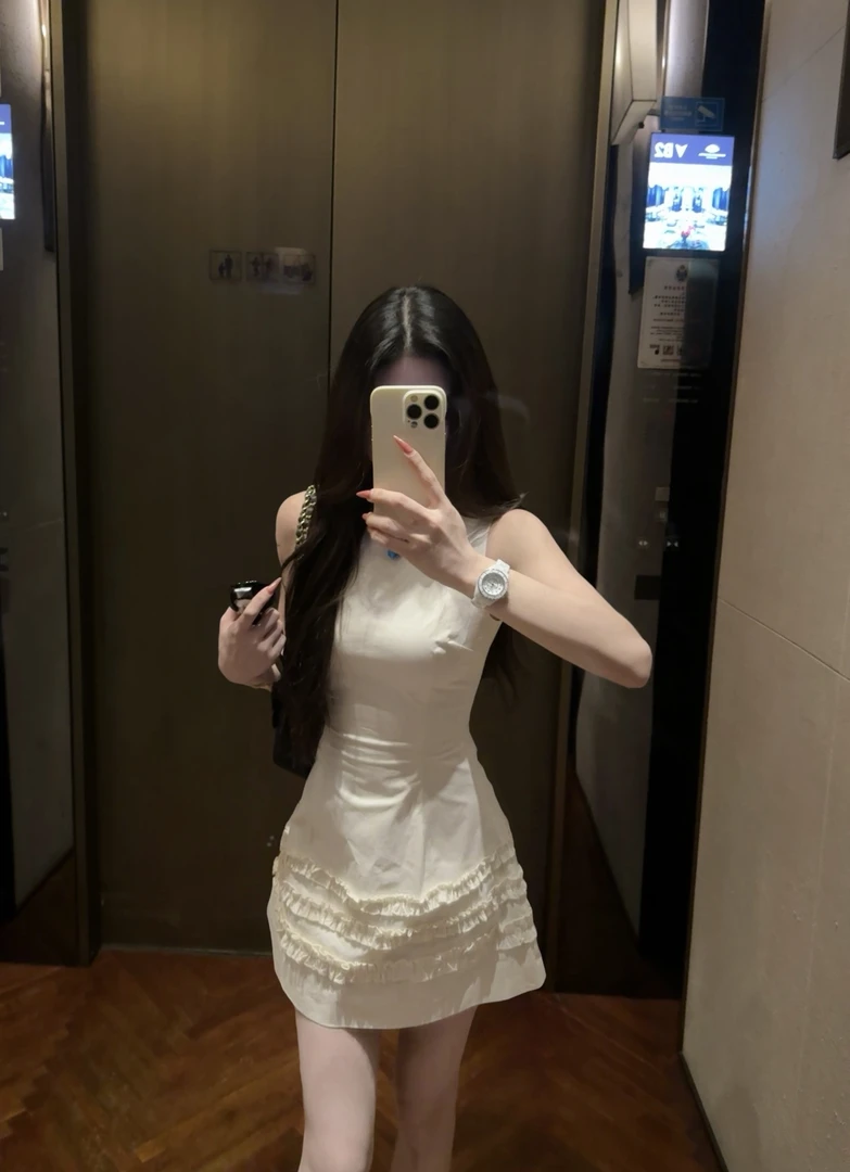【五美丽】夏季拼接无袖法式提花棉连衣裙蕾丝小众纯欲风辣妹WM0017