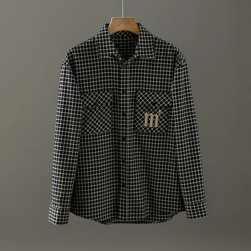 HS118剪标春秋男士格子衬衫长袖夹克外套百搭男